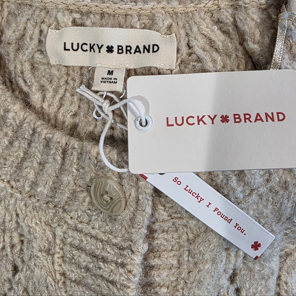 Lucky Brand Chunky Cable Knit‎ Cozy Cardigan Sweater Cream Beige Size Medium New - Picture 6 of 7